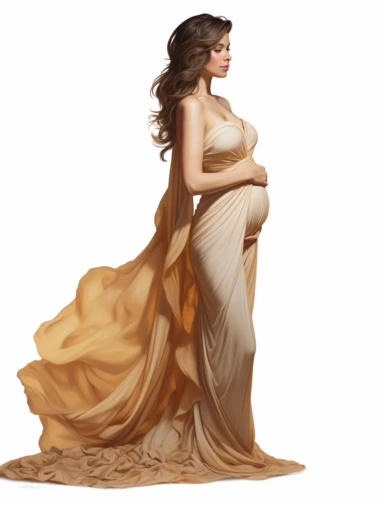 pregnant woman standing sideways in a long beautiful dress on white background, wide-angle view, clipart, Photorealistic