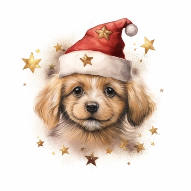 a small cute smiling puppy, wearing a Santa hat, color pencil sketch on a white background for clipart, small red and gold stars