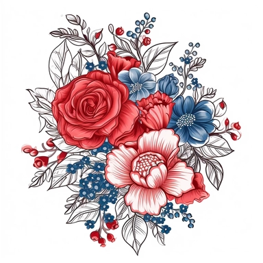 floral line art, hand drawn, in the American flag colors, vector clipart, solid white background