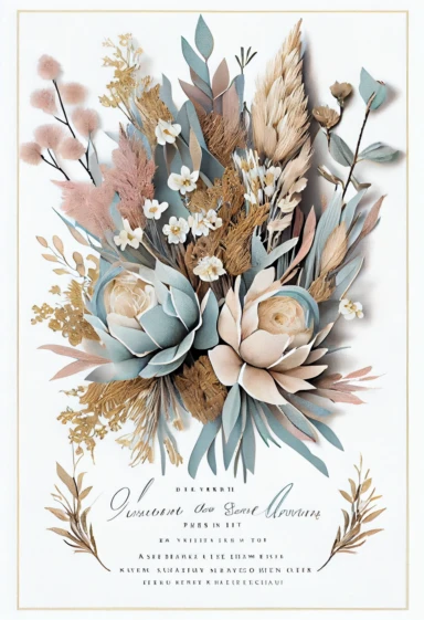 beautiful, intricate, sharp focus, light blue, tan, and pink flowers, boho wedding invitation with white fluffy tail flowers, dried grasses, show entire invitation, no border, clipart, on white background, flat lay, extreme detail, wedding invitation,