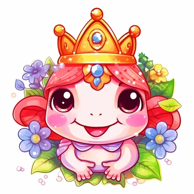 kawaii frog, happy and smiling, sticker, bold line, clipart, white background, many details, flowers, crown, gems, doll, pink, white background, 8k detail