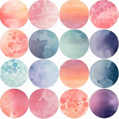 Nine abstract watercolor background vector clipart, in different light pastel colors, rounded, hazy romanticism, free brushwork