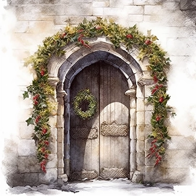 detailed watercolor clipart, photography style, beautiful christmas magic, stone wall, magical Christmas door, holly, ivy, HDR, winter snow, self shadow, white background
