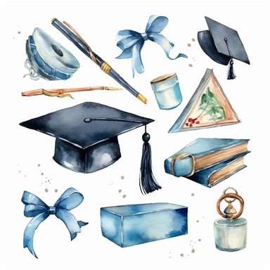 watercolor graduation related scenes, illustrations clipart set, simple, , cartoon elements ,different variants , school and classroom elements, graduate, graduation gown and capdiploma, separate elements with a margin, ,4k, high resolution
