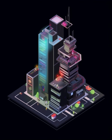 isometric perspective, game sprite, futuristic skyscraper concept, gaming asset, sci-fi, fun, creative, cartoon, clipart, hyper-detailed, black background,
