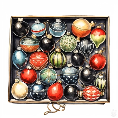 Ella bailey watercolour illustration with black gel pen outline style box of vintage christmas ornaments, high definition, 8k, insanely detailed, fine detail, sharp focus, illustration, white background, isolated clipart vector