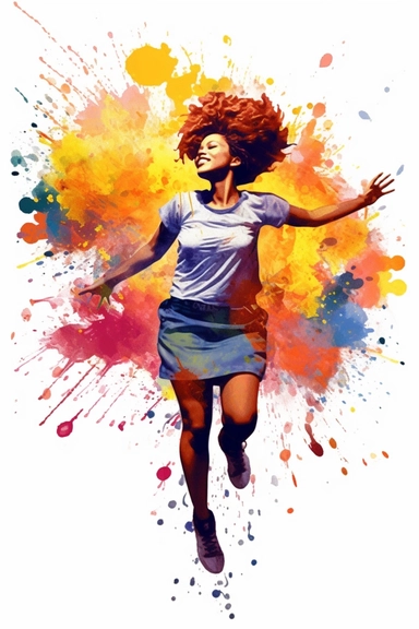 An exuberant clipart featuring an African American girl with a playfully textured hairstyle, sporting fashionable and whimsical clothing, set against a high-resolution and transparent background. The scene is rendered in a vibrant watercolor art style, with fluid brushstrokes and splashes of color that bring a sense of liveliness and energy to the image.