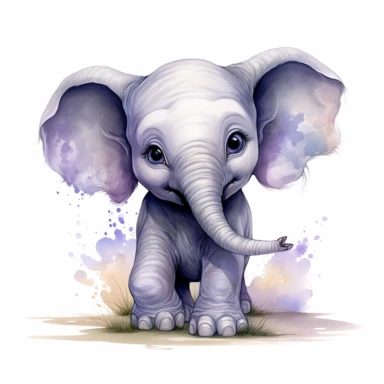 Create a caricature watercolor-style clipart of a playful baby elephant, with an emphasis on its dynamic pose and the nuanced colors of its body. Use a range of soft grays, blues, and touches of purple to bring out its lively spirit. Begin with the baby elephant, illustrating it mid-action with one foot lifted as if it's playfully prancing. Use a cool gray for its body, with a slight undertone of blue to bring depth to the image. The wrinkles and folds in its skin should be carefully depicted, a