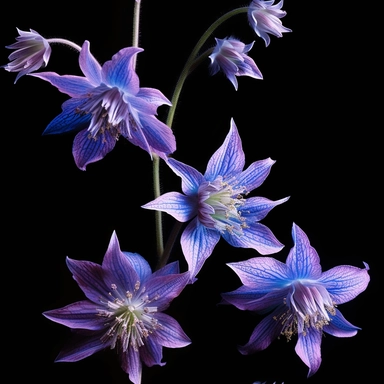 Purple borage flowers as a clipart with black background. A masterfully crafted digital artwork that explores the beauty and intricacy of purple borage flowers. The composition offers a close-up perspective, allowing the viewer to marvel at the delicate details of each petal and the unique patterns they create. Soft lighting highlights the vibrant purple tones, evoking a sense of tranquility and serenity. The artwork exhibits a contemporary realism style with a touch of impressionism, reminiscen