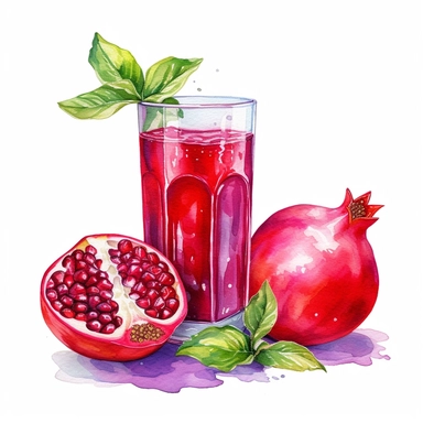 watercolor clipart juice red pomegranate on a white background, in the style of illustrated advertisements, dark turquoise and light magenta, realistic portrait drawings, grocery art, instax film, creative commons attribution, storybook illustrations, no watermark, 300 DPI, typography, the images do not stick together, no text in the picture, there are no words in the tree