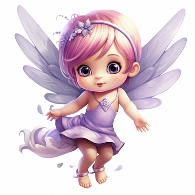 a beautiful happy baby fairy girl, purple flowered dress, blue eyes, highly detailed image, full body image, big wings, pixar style, clipart, white background,