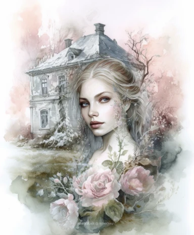 isolated on white illustration watercolor Biochromism art of a beautiful feminine princess, white and light pink roses and flowers, covered with snow and ice, a lot of moss and branches, old house, trees, lace and embroidery, masterpiece by Tomasz Alen Kopera style and by Carl Holsoe style and by Hannah Dale style and by Alexander Jansson style, PNG clipart, isolated on white, white background, extreme photorealistic details, 32k HD resolution, realistic high detailization high resolution