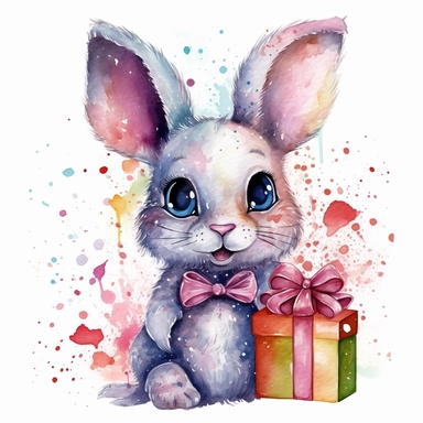 please create watercolor clipart of a Cute sparkled eyes bunny rabbit, smiling, wearing party clothes with birthday presents, colorful