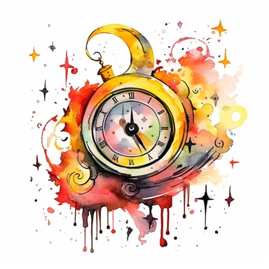 clipart watercolor creepy magic clock with crescent moon and stars, red yellow silver color style, fantasy, detailed, white background, illustration painting, collaged constructions, digital art, in the style of sculptural and geometric, forced perspective drawings, Geometric brushstrokes form an intriguingly abstract, painterly figure