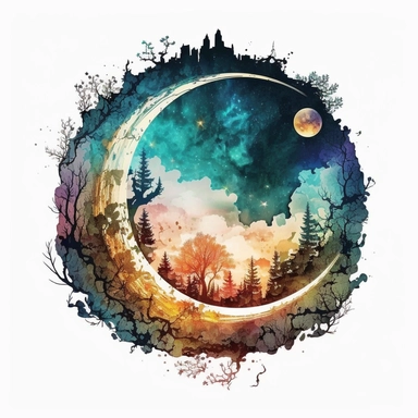fantasy moon clipart circle on a white background, fantasy watercolor illustration, detailed, high res 8k