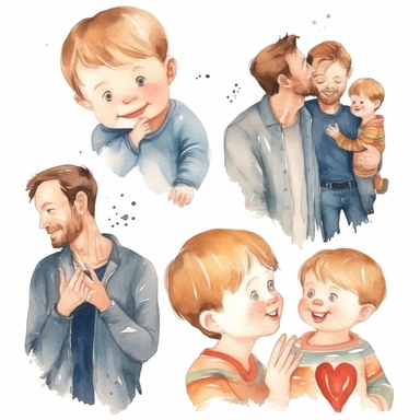 watercolor kids love for their dad, illustrations clipart set, simple, , cartoon elements , father's day elements, good anatomy and beautiful faces, handsome faces, different variants , separate elements with a margin