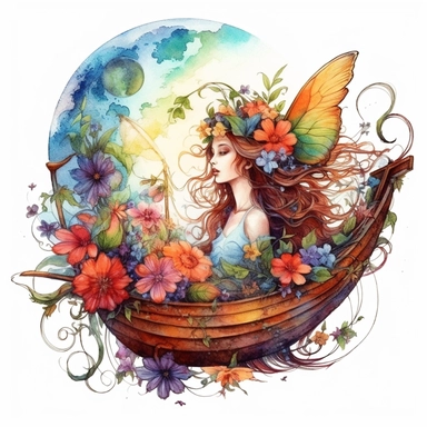 clipart, isolated on white background, Watercolor spring fairy and wings and flowers and branches and grass and leaves, moon and boat, ornated, vivid and vibrant and saturated colors