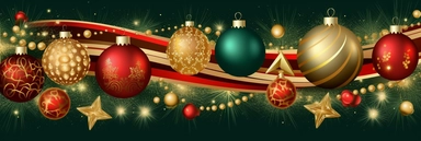 Christmas red and green with bokhe background, festive horizontal border. Golden bell. Assorted ornaments, green gold glass balls, stars, snowflakes, fir tree twigs, candy cane. Winter holiday clip art. Seasonal decor creative art.