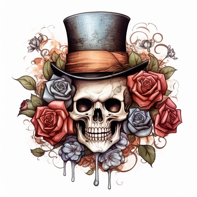 skeleton, wearing top hat, gothic roses, watercolor, clipart elements, smooth gradients, black contour outline, ultra detailed, white background, super clear, high quality