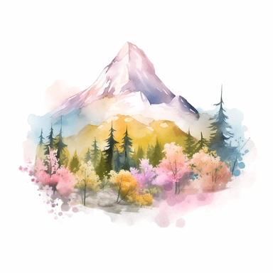 watercolor of a gorgeous spring mountain in shades of soft pastel pink, fresh green, sunny yellow, and delicate lavender, png clipart, on white background
