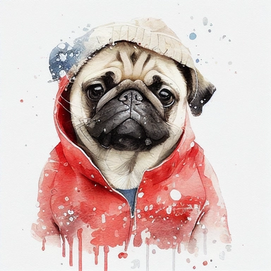 watercolor cute style, cute pug in christmas winter coat, christmas head, christmas presrnts, smiles, cute, pug in red ears, it's snowing, white background, clipart
