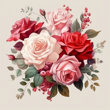 pink and red flower roses and leaves bouquet with floral detail, clipart, red and beige, booru, uhd image, pastoral charm, free brushwork