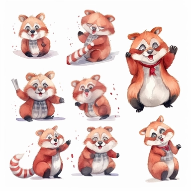 Watercolor red panda, Various expressions and emotions, clipart, isolated on white background