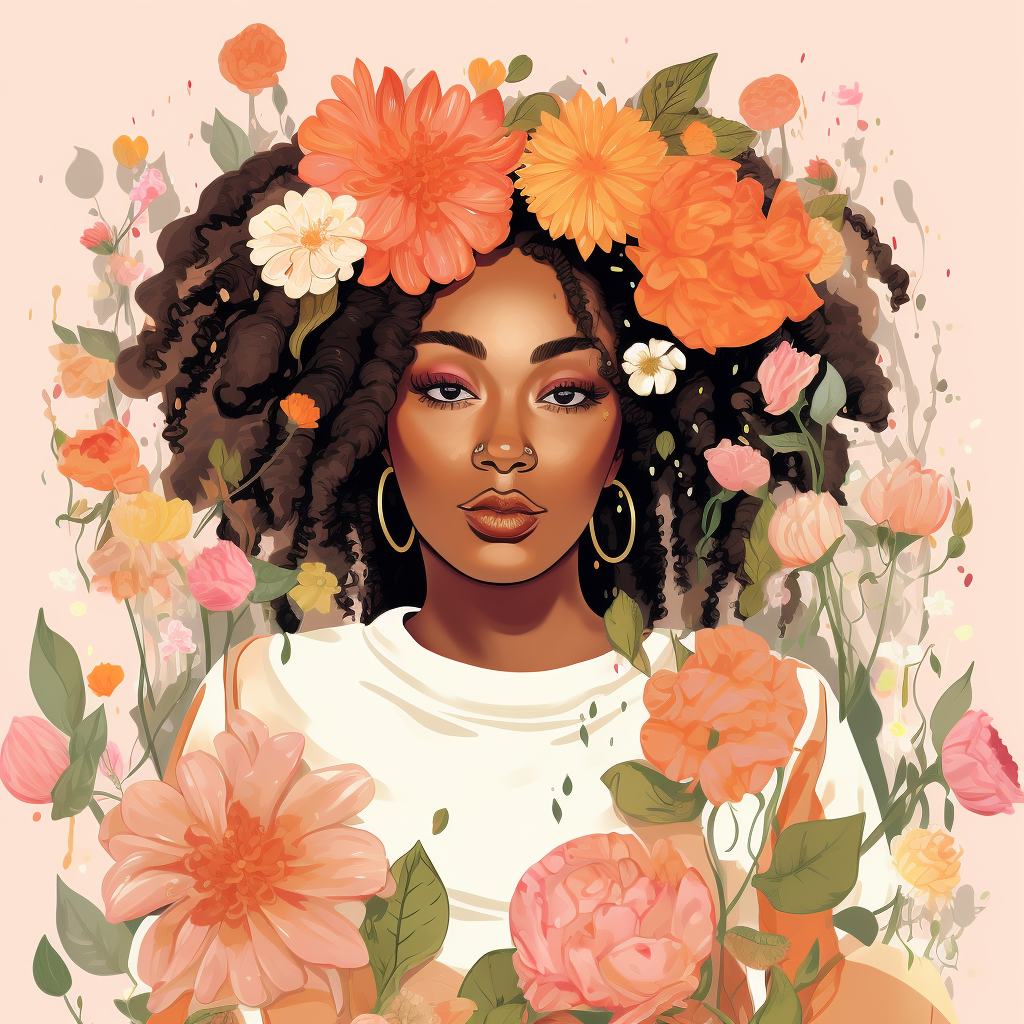 llustration of black woman, with locs, surrounded by flowers, boho ...