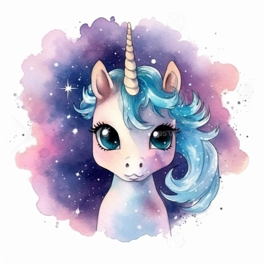 Cartoon Dreamy Unicorn Silhouette against a Starry Sky, Big Eyes, cartoon, watercolor, professional clipart, white background, neat, clean