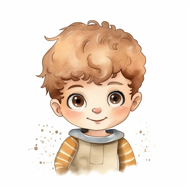 watercolor illustration clipart, cartoon style of a cute toddler boy, extra short light brown curly hair, brown eyes
