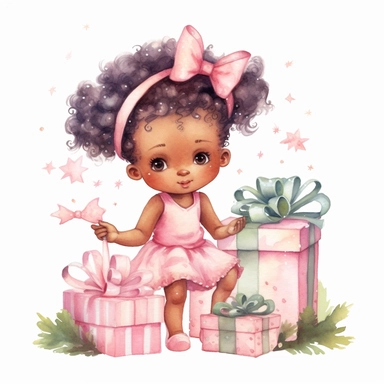 Cute christmas tree with black skin baby fairy opening gifts pink Christmas watercolor Clipart