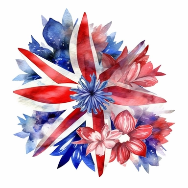 watercolor flowers, red white and blue, union jack, great britain, clipart, white background,
