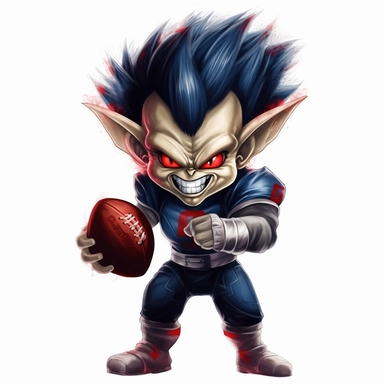 ClipArt of a Vegeta football player male with an evil smile Glowing red eyes, holding a grenade and a football, wearing a dark-blue ripped-up football, jersey, wearing a cracked football helmet, realism with a white background ar-- 2:3