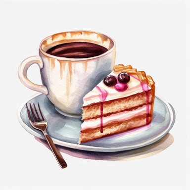 watercolor realistic looking cup of coffee next to a plate with a summer cake piece clipart, 8K