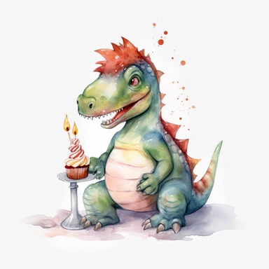 High resolution, cute dinosaur holding birthday cake, watercolor clipart, completely white background