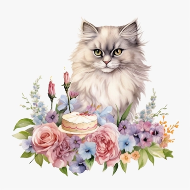 Vibrant Realistic Persian natural colors Cat various poses and modes with flowers Clipart for a birthday card without text 300 dpi PNG format instant download for commercial use