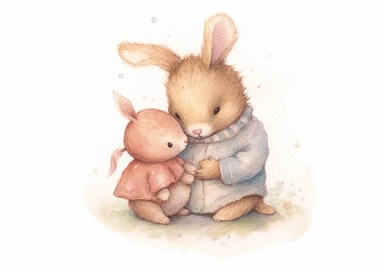 a watercolor drawing of a bunny hugging a baby bunny, TODDLER ILLUSTRATION, ROMANTIC DREAMY CLIPART, HAND PAINTED PENCILE AND WATERCOLOR,in the style of topcor 58mm f/1.4, charming character illustrations, subtle shading, brown, embroidery, rainbowcore, felinecore