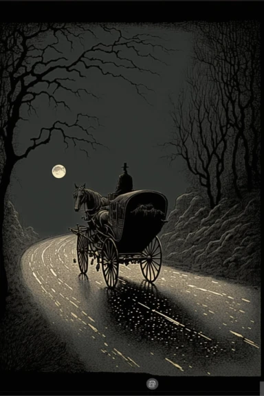 clipart of brown carriage drawn by horses in the distance on winding road on black background, Eerie magazine, Edward gorey, John William Waterhouse, beksinski
