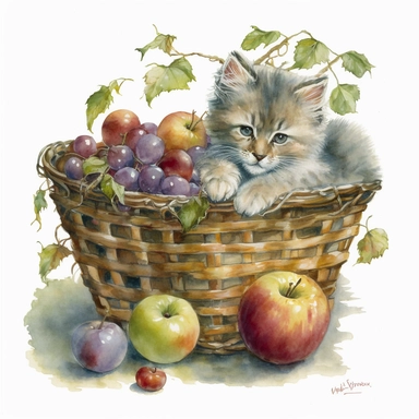A kitten nestled among freshly picked apples in a wicker basket, watercolor by Mary Whyte, clipart, solid background.--q 2 niji 5