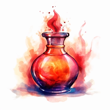 Create a mesmerizing piece of clipart featuring a red fire potion, with a plain and high contrasted background, using a watercolor technique to give it a more realistic appearance. Let the potion glow with fiery hues and the clear glass container reflect the light, immersing the viewer in its captivating charm.