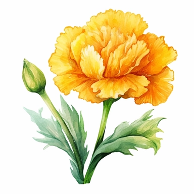 Watercolor yellow carnation clipart on a white background in the style of feminine sticker art, Tanya Shatseva, storybook illustration, bright yellow and golden hues, Georgia O'Keeffe, flower and nature motifs, colored line art, colored outlines, cottagecore design, watercolor on white background, ombre, sunny tones, colored line art, colored outlines, iridescent ombre, gradient shading, symbol of cheerfulness, vibrant digital art oil paint photorealism, an illustration of a colored flower, meti
