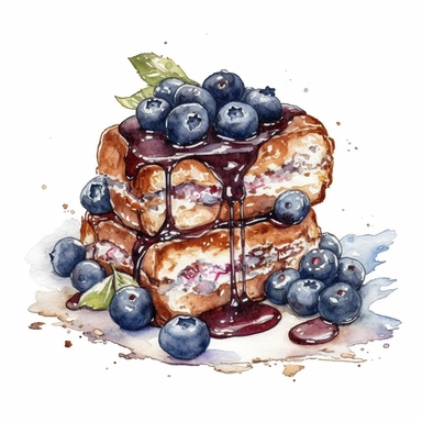 a watercolor blueberry Stuffed French Toast desserts clipart, hd, on white background, spaced out