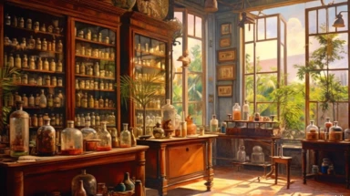 illustration, realistic interior of a vintage kolkata 1896 perfumery and pharmacy with some perfume bottle boxes incense boxes, atmospheric sunset lighting, Clipart, watercolor, realistic, full building, highly detailed, hdr, 32K, photo expert quality, watercolor realistic, hyperrealistic and highly detailed