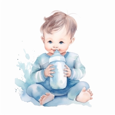cute watercolor newborn soft blue baby holding baby bottle, watercolor effect, isolated white background, babyshower clipart, soft blue tones