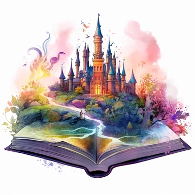 a watercolor fantasy book clipart, the book has a castle and forest on it, in the style of technicolor dreamscape, swirling vortexes, nightcore, dissected books, disney animation, symbolic images, whimsical portraits, dark color scheme