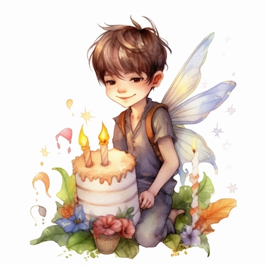 beautiful fairy boy Birthday, illustration clipart, high detailed, white background, digital art, watercolor, hd