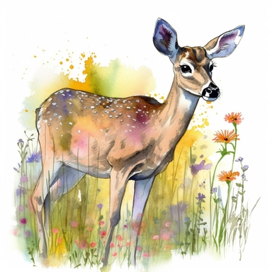 doe in a colorful Meadow Clipart watercolor sketch,