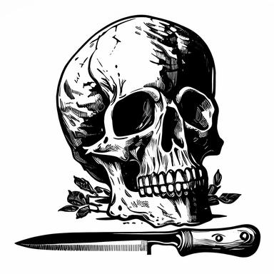 a vintage pirate skull with a knife, black, monochrome, silhouette, vector, clipart, isolated, white background, .75 gutter,