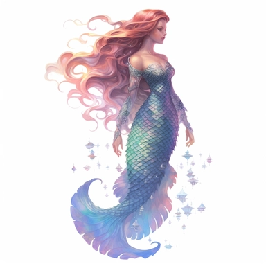 full body mermaid, clipart, intense white and deep pastel colors, dnd, watercolor, no background, isolated on a white background, self contained, well defined edges, by amy sol and magali villeneuve and susan bourdet and ross tran, spaced out, glowy, intricate, 8k