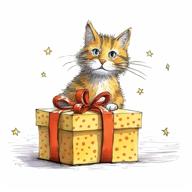 Axel scheffler illustration style cat christmas present, high definition, 16k, insanely detailed, fine detail, sharp focus, illustration, white background, isolated clipart vector